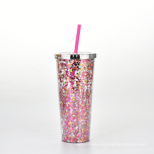 Glitter color acrylic cup Travel Coffee tumbler with lid and straw Double wall reusable Acrylic Plastic Shimmer Drink Tumbler